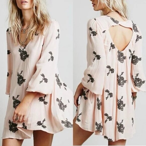 Free People Dresses & Skirts - Free People Pink Black Floral Embroidered Cutout Austin Emma Dress 47029